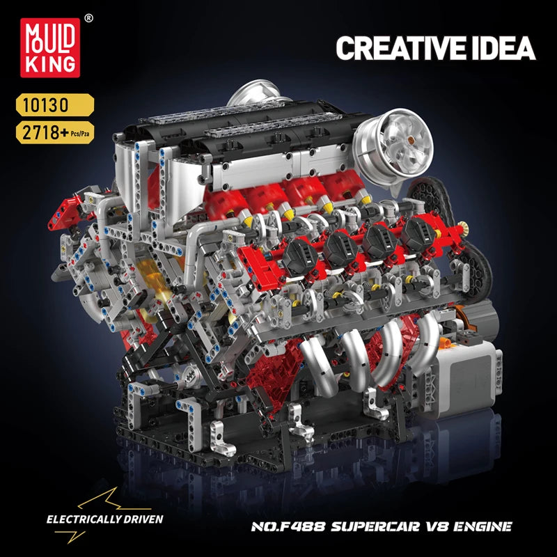 Mould King 10130 Technical Car Engine Toys The Motorized F488 Supercar V8 Engine Building Block Brick Kids Christmas Gift