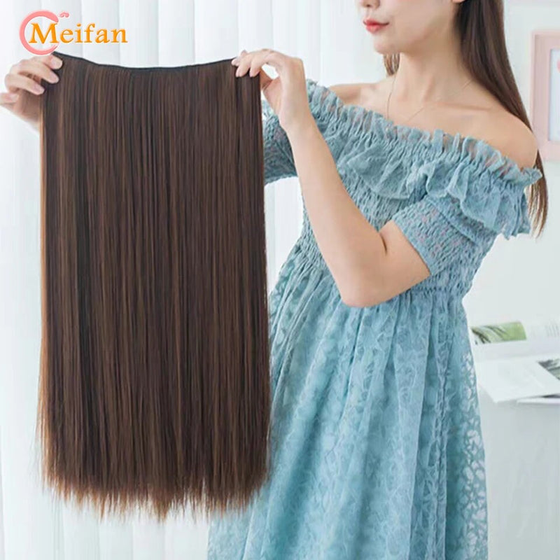 MEIFAN Long Synthetic Straight Natural Fake Hair Pieces 5-Clips In Hair Extension Heat Resistant Black Brown Natural Hairpiece