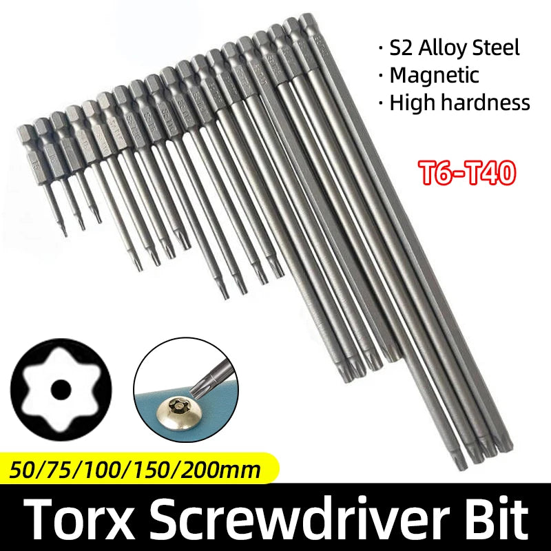 Torx Screwdriver Bits Security Tamper Proof Drill 50/75/100/150/200mm Magnetic S2 1/4Inch Hex Electric Driver Hand Tools T6-T40