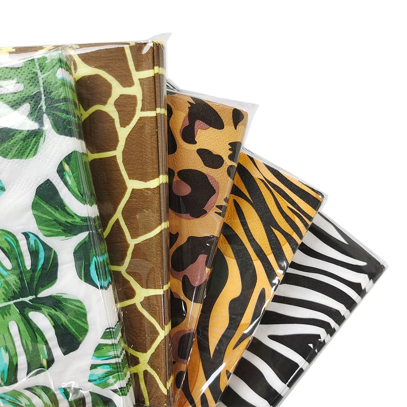 20Pcs Jungle Animals Paper Napkins Tropical Palm Leaves Napkins Towel Jungle Safari Birthday Party Decoration Hawaii Supplies