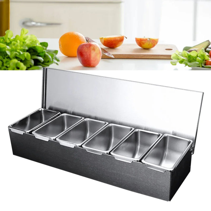 6 Compartment Trays Stainless Steel Detachable Topping Station Plastic Pizza Ingredients Condiment Dispenser Reusable For Home