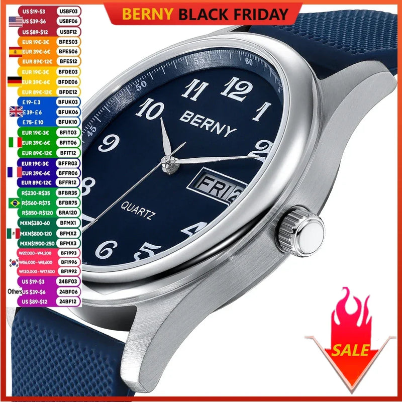 BERNY Men's Watches Calendar Weeks Quartz Men Wristwatch Stainless Steel Case Soft Silicone Easy Read Waterproof Dress Watch