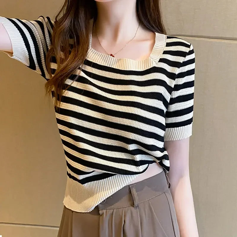 Square Collar T-shirts Women Korean Fashion Knit Tops Harajuku Y2k Clothes Summer Футболка Женский Slim Elastic Soft Striped Ins