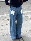 Women Fashion Jeans Star Pattern Loose Denim Pants Spring Fall Casual Low Waist Trousers Wide Leg Pants