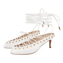 Onlymaker Women White Closed ToeLace Up Mules Kitten Heel Stiletto Summer Sandals Coeset Heels