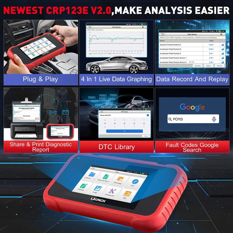 Launch X431 CRP123E V2.0 OBD2 Scanner 4 System Engine ABS SRS Transmission Diagnostic Scan Tools 7 Reset Free Update Car scanner