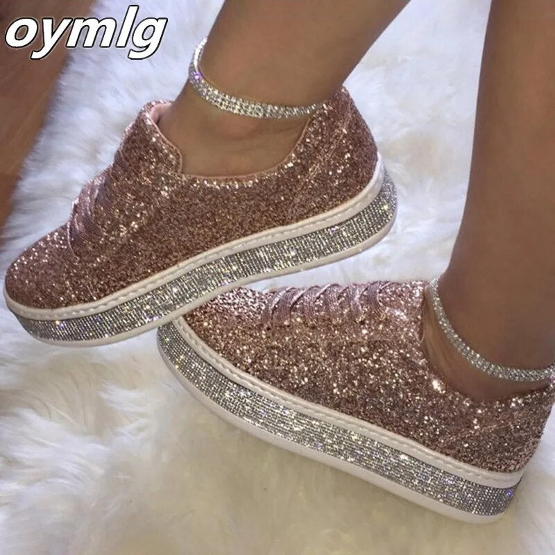 2020 Women Vulcanize Shoes Sneakers Sliver Bling Shoes Girl Flat Glitter Sneakers Casual Female Breathable Lace Up female Shoes