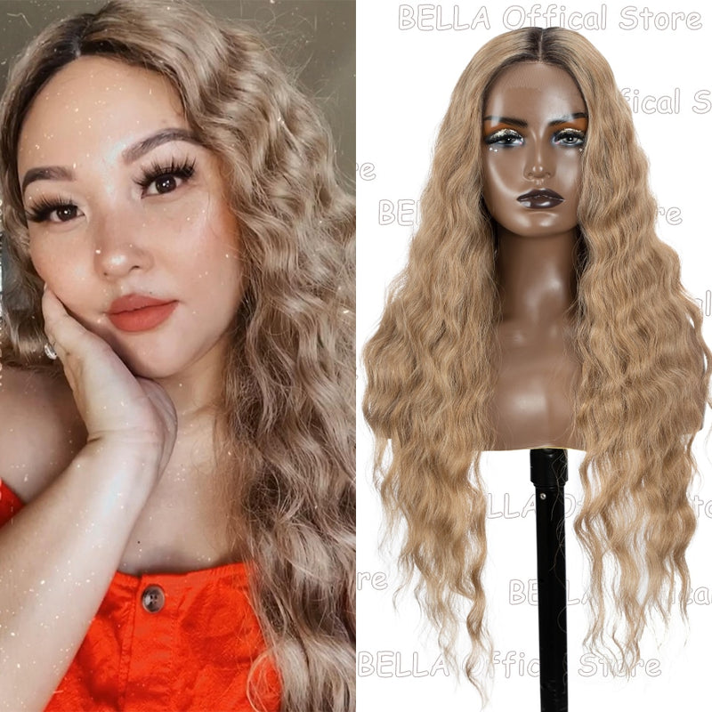 BELLA Lace Wigs Synthetic Deep Wave Curly Synthetic Lace Front Wig Blonde Wig Pink 30 Inch Hair Wigs For Black Women Cosplay