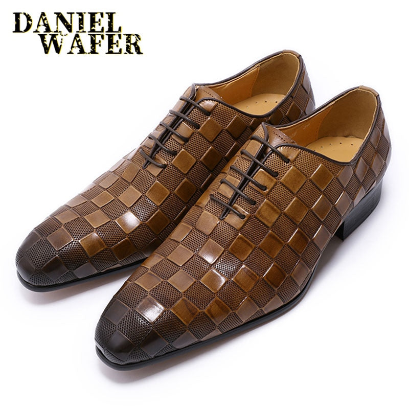 Luxury Italian Leather Dress Shoes Men Fashion Plaid Print Lace-Up Black Brown Wedding Office Shoes Formal Oxford Shoes for Men