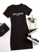Summer new women's MILANO ITALY letter pattern cartoon print casual slim fit sexy short sleeved round neck T-shirt mini dress