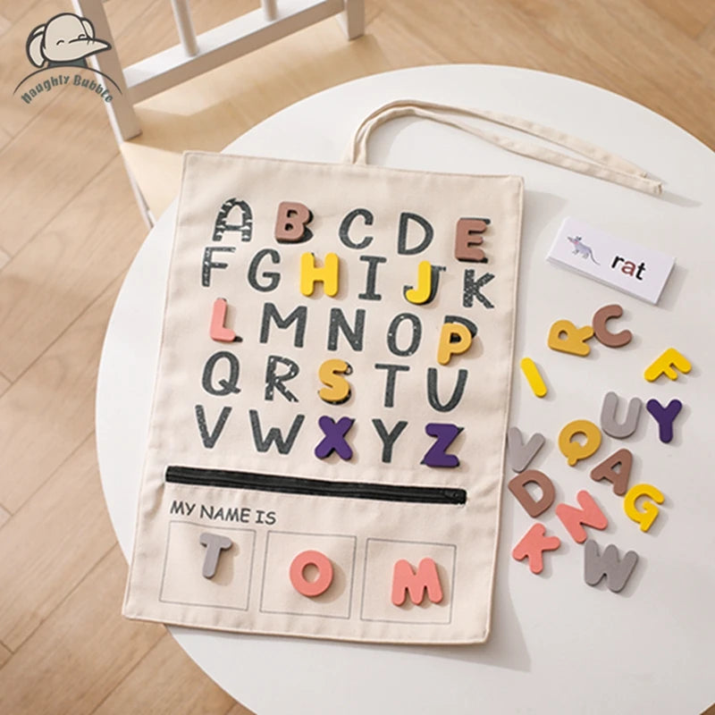 0-12 Months Baby Word Letter Cognitive Puzzle Toy Silicone Letter Toy Word Card Baby Alphabet Word Learning Canvas Bag Baby Gift