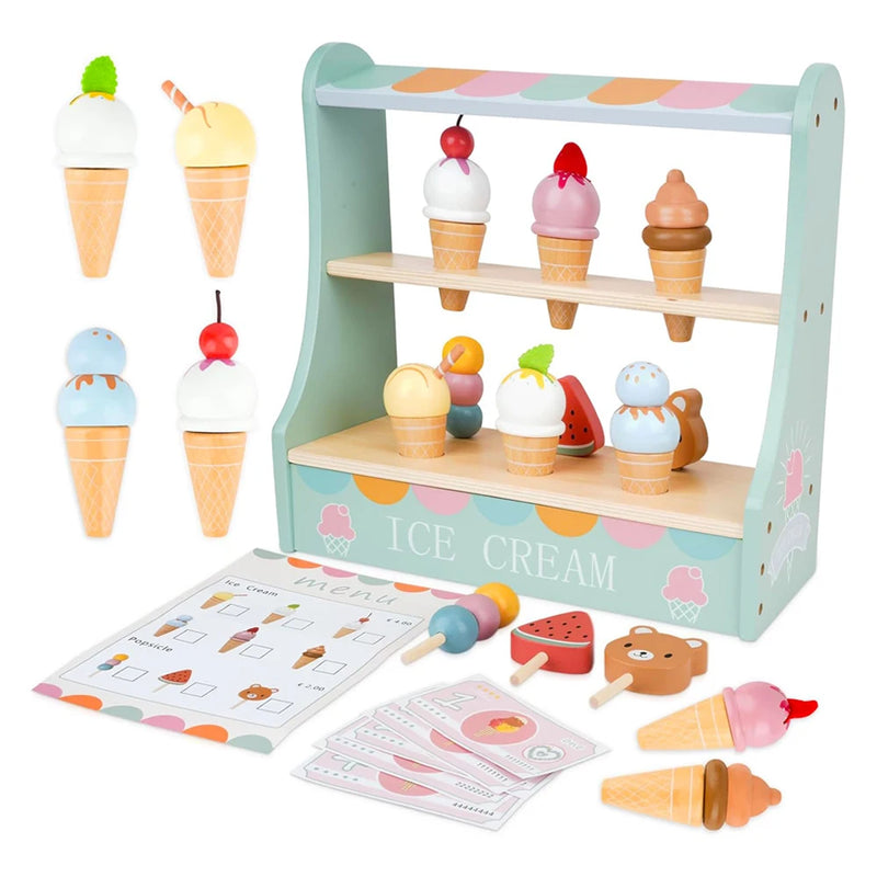 Wooden Ice Cream Montessori Toddler Toys Kitchen Pretend Play Food Coffee Maker Toy Set Accessories for Children Gifts Ages 3+