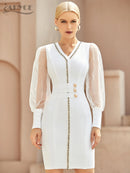 Adyce 2022 New Winter Women White Lace Bodycon Bandage Dress Sexy V Neck Long Sleeve Button Evening Celebrity Club Party Dresses