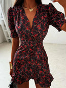 Women Chic Floral Print Bodycon Dress Holiday v-neck Pleated Patchwork Flared Sleeve Ruffle 2026 Summer Casual Latest Vestidos