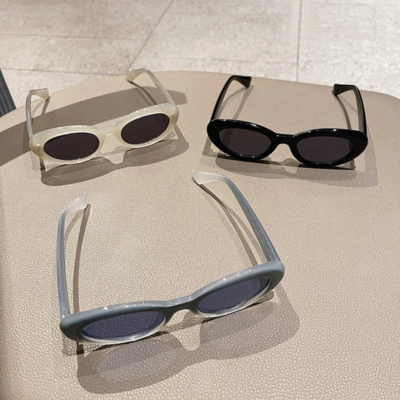 SO&EI Ins Popular Fashion Oval Sunglasses Women Retro Rivets Decoration Brand Designer Men Cat Eye Blue Sun Glasses
