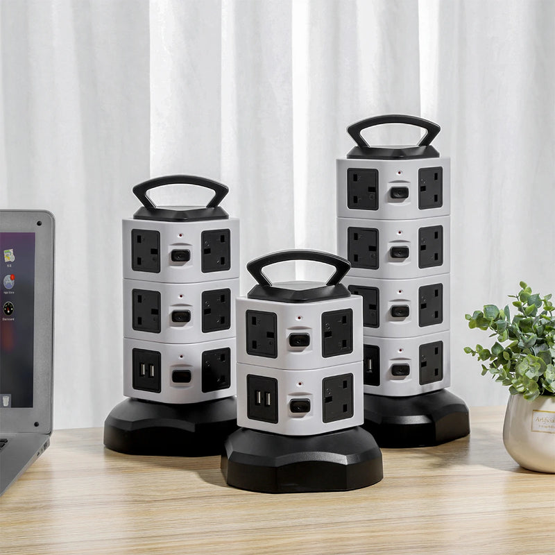 7/11/15 Ways Tower Socket Surge Protector Vertical Power Strip UK Plug Multi Outlets with 2 USB 2m Extension For Home Office