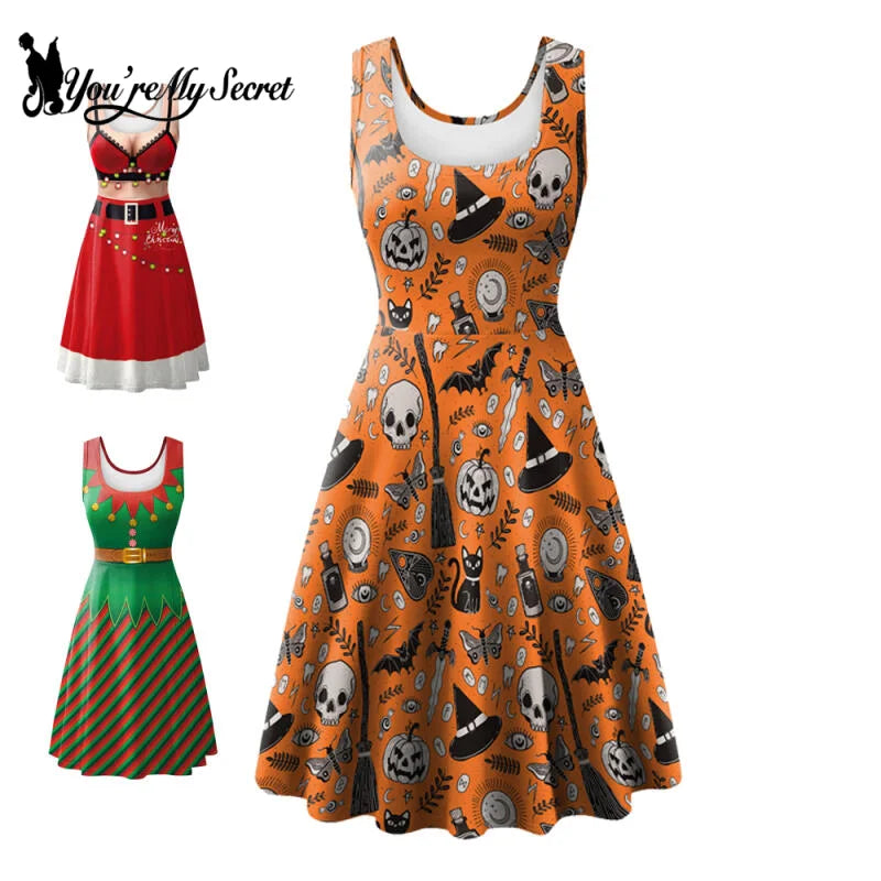 New Women's Skull Pumpkin Print Retro Vintage Sexy Tank Dress Halloween Christmas Party Prom Dress Elegant Cosplay Costumes