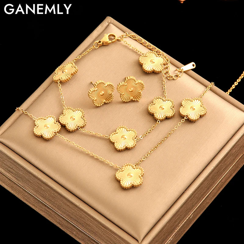 GANEMLY 316L Stainless Steel Golden Plum Blossom Plant Five Leaf Flower Set Necklace Earrings Bracelet Women Clover Jewelry Gift