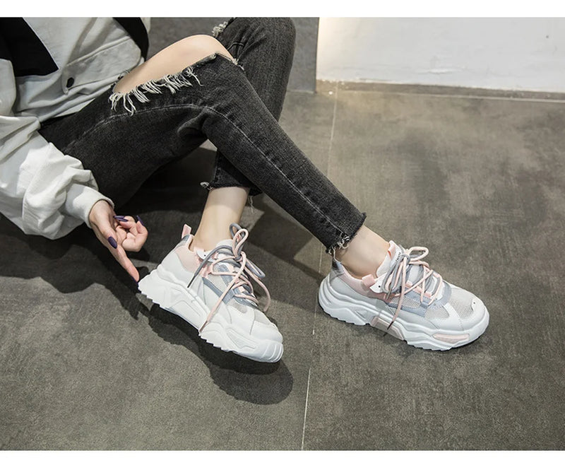 Women's Chunky Sneakers 2021 Fashion Women Platform Shoes Lace Up Breathable Air Vulcanize Shoes Women Female Trainers Dad Shoes