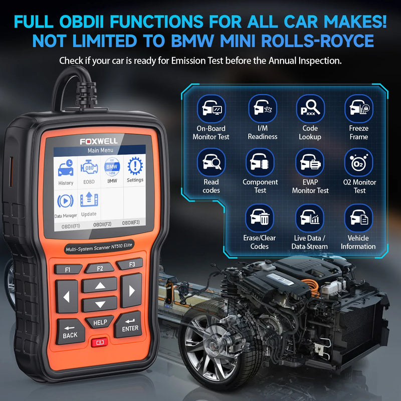 FOXWELL NT510 Elite OBD2 Scanner All System SAS DPF BRT Multi Reset Bi-Directional Test Auto Car Diagnostic Tool