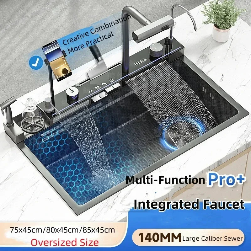 Large Single Slot Kitchen 304 Stainless Steel Waterfall Sink,  Digital Display Embossed Washing Basin Household  washing Sink