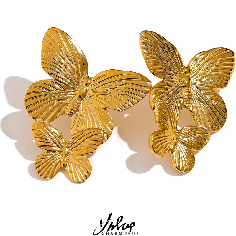 Yhpup Stainless Steel Butterfly Insect Individual Stud Earrings 18K Gold Color Waterproof Metal Fashion Charm Jewelry for Women
