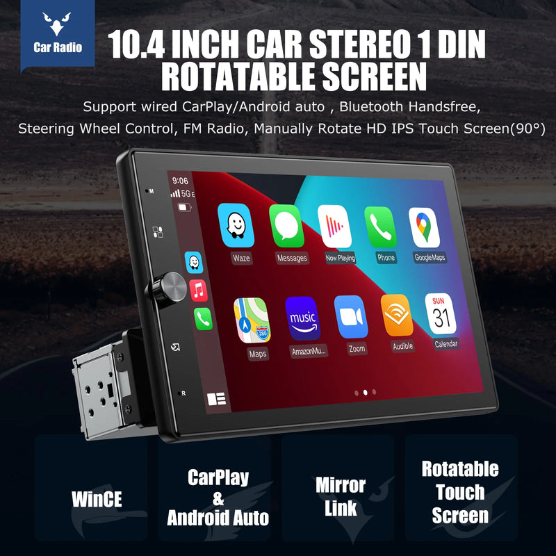 ESSGOO 10.4" Car Stereo Single DIN Wireless CarPlay Android Auto Rotatable Touch Screen Bluetooth GPS Nav Radio Player Head Unit