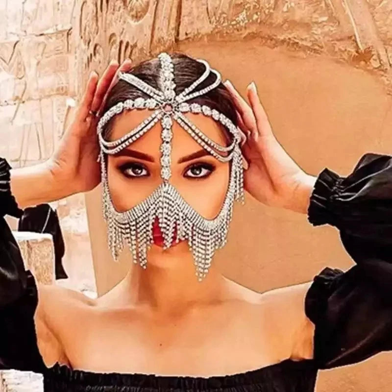 Indian Tassel Veil Mask for Face Women Rhinestone Face Masks Masquerade Dance Party Banquet Decoration Face Accessories Jewelry