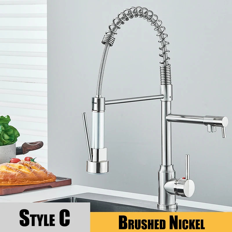 Nickel Kitchen Sink Faucet Pull Down Hot and Cold Water Mixer2 Mode Tap with Dual Spout 360 Rotation Flexible Deck Mounted