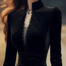 OCEANLOVE Autumn Winter Dresses for Women Hepburn Style Vintage Solid Black Vestidos Mujer Stand Collar Elegant Long Dress