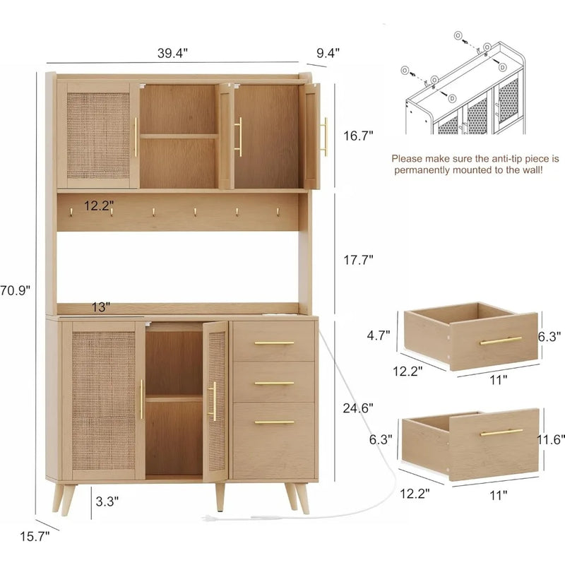 Kitchen Pantry Cabinet with Microwave Shelf, Rattan Kitchen Hutch Cabinet with Charging Station