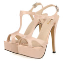 2026 New Women Sandals 14cm Sexy T-Strap Peep Toe Platform Summer Red Wedding Shoes Patent Leather Thin High Heels Big Size 44
