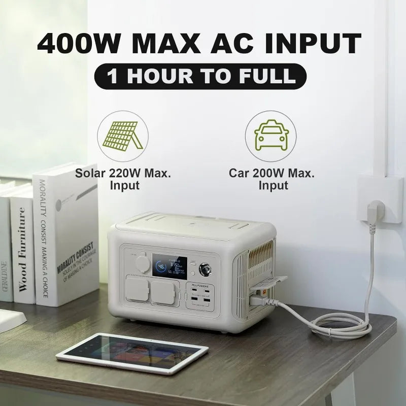 R600 BEIGE 299Wh 600W Portable Power Station,1 Hour to Full 400W Input, MPPT Solar Generator for Outdoor Camping, RVs, Home Use