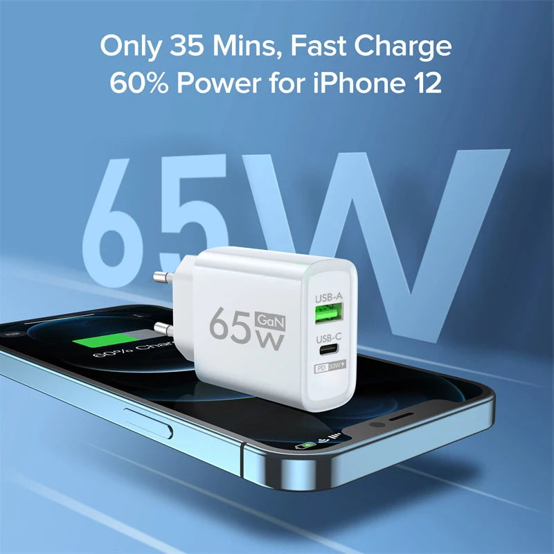 USB C Charger 65W PD 3.0 GaN 2-Port Fast Charging Wall Charger for iPhone 15 Pro Max 15 Plus 14 13 12 iPad Switch Galaxy S23 S22