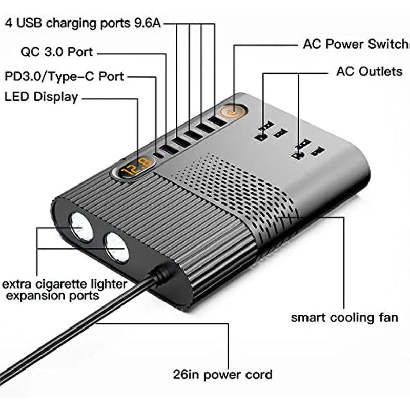 300W Car Power Inverter 12V DC to 110V AC Car Adapter for Plug Outlet for Vehicles,Car Converter with 4 USB Ports