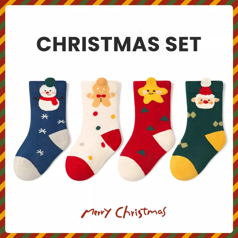 4Pairs 1-8YearsJunior In tube Sock Cartoon Reindeer Christmas Gifts Joyful Red Soft and Comfortable High Elasticity Sock Breatha