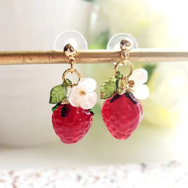 A Pair Glass Red Strawberry Drop Earrings