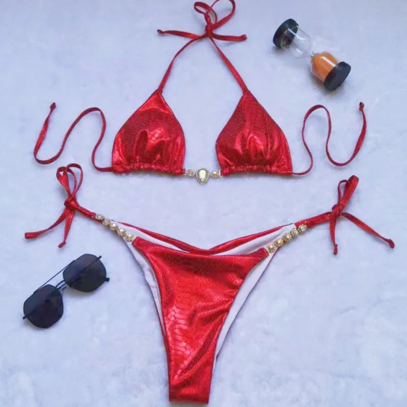 Red Sexy Bikinis Swimsuits With Rhinestones Women Swimwear Push Up Brazilian Bikini Beach Swim Wear Bathing Suits Pool Bather