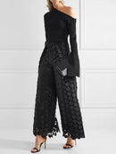 Yeezzi Women Fashion Hollow Polka Dot High Waisted Wide Leg Pants 2025 New Spring Autumn Solid Color Causal Office Trousers