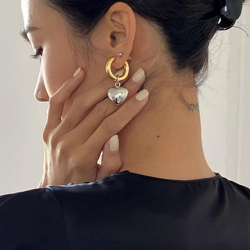 Statement Minimalist Gold Silver Color Mixed Solid Heart Pendant Hoop Earrings Street Style Korean Fashion Jewelry Gift