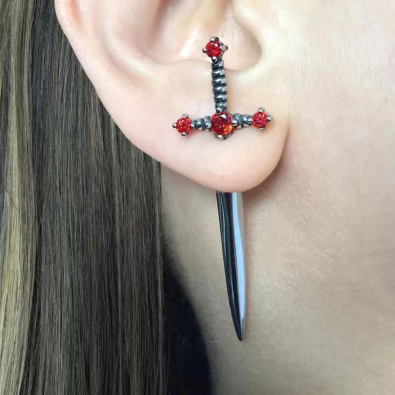 Goth Kinitial Sword Earrings Vintage Punk Crystal Ear Jacket Gothic Dagger Stud Earrings Jewelry Gift For Women Girls Ear Studs