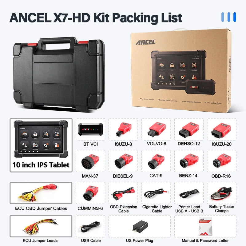ANCEL X7 HD Heavy Duty Truck Diagnostic Tool TPMS DPF Regen ABS SAS ECU Oil Reset Full System OBD2 Truck Scanner 24V/12V Cars