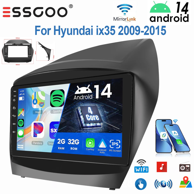 ESSGOO 9" Android 14 Display Car Stereo Radio GPS Navigation For Hyundai ix35 2009-2015 Carplay Android Auto SWC USB Wifi BT FM