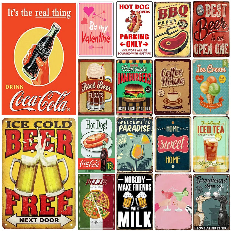 Beers Hotdogs Cola Pizza Coffee Hamburg Iced Tea Metal Tin Signs Wall Decor for Restaurant Bars Cafe Clubs Retro Posters Plaque