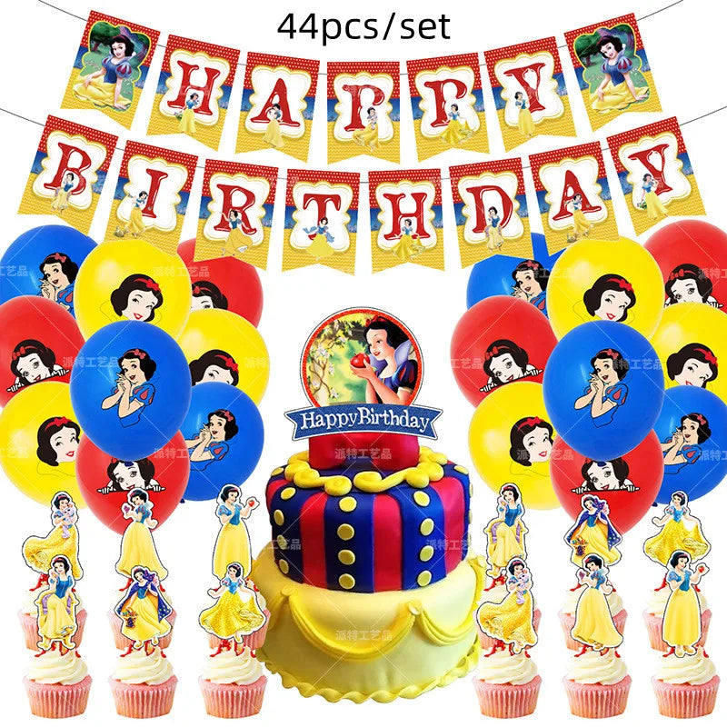 Snow White Birthday Party Set Cup Plate Napkins Tablecloth Cake Topper Balloons Disposable Tableware Baby Shower Supplies