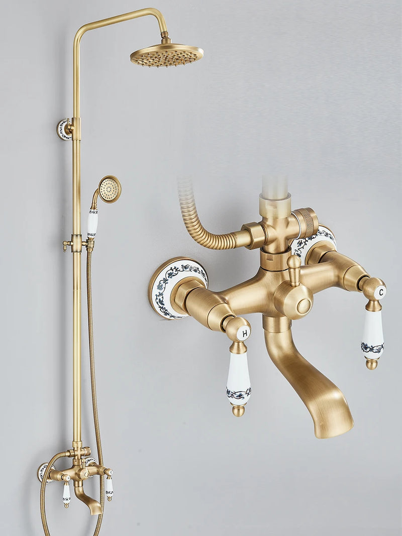 Retro Shower System Antique Brass Rainfall Shower With Handheld Shower Tub Spout For Bath Shower