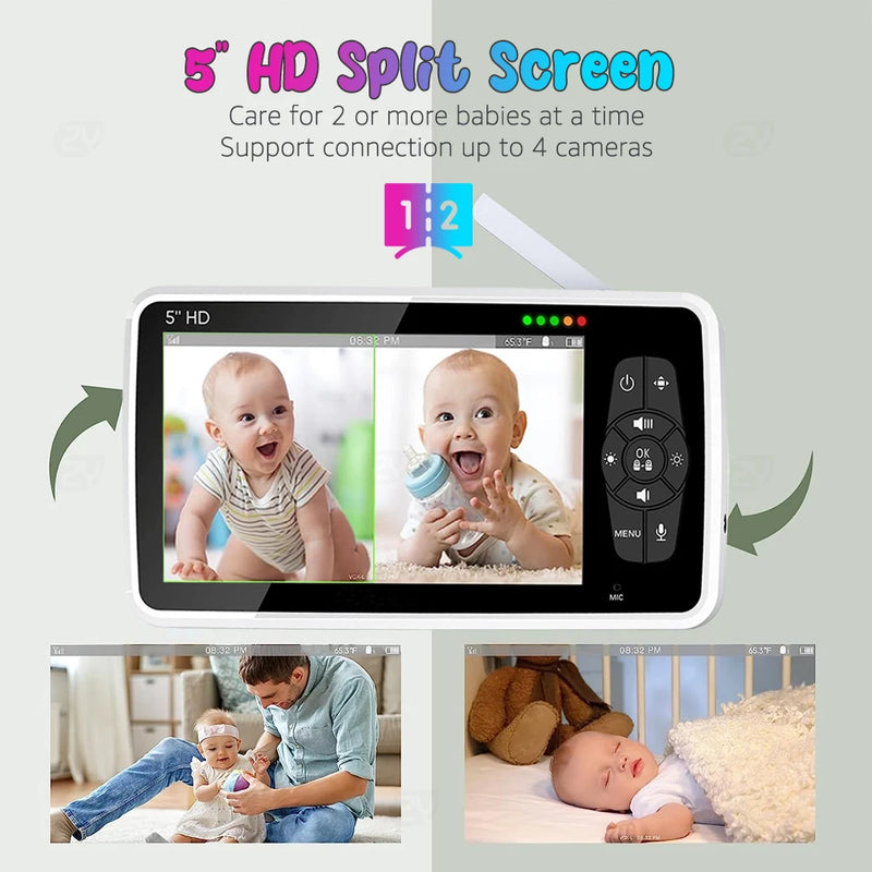 5''HD Baby Monitor with 2 Cameras Pan-Tilt 4X Zoom 2-way Audio Baby Camera Nanny Night Vision 22-Hour Batterr Video Babysitter