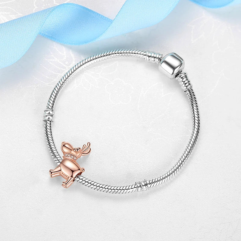 Original 925 Sterling Silver Charms Christmas Santa Reindeer Pendant Beads Fit Pan Brand Bracelets Necklaces Women DIY Jewelry