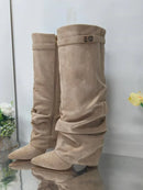 Ladies' Autumn and Winter New Pointed Knee High Women's Boots, Thick High-heeled Long Pants Boots, Fashionable Mid Rise Boots