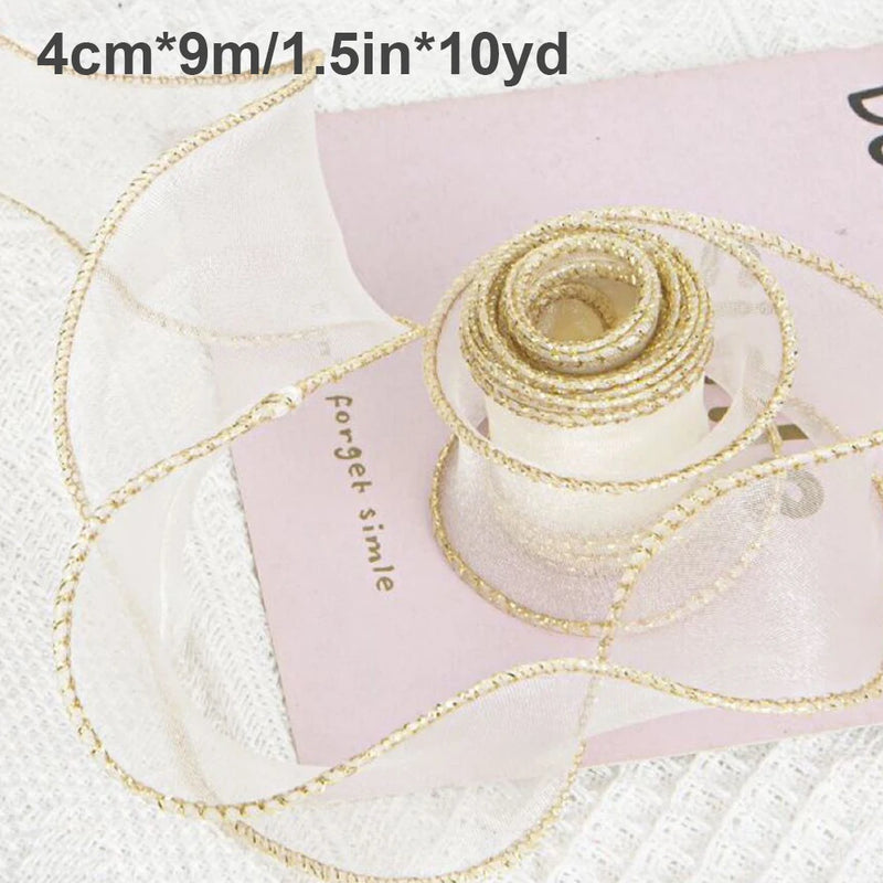 10Yards Sheer Wired Organza Ribbon With Golden Edge Chiffon Ribbon for Wedding Birthday Gift  Bouquet Wrapping DIY Decorations